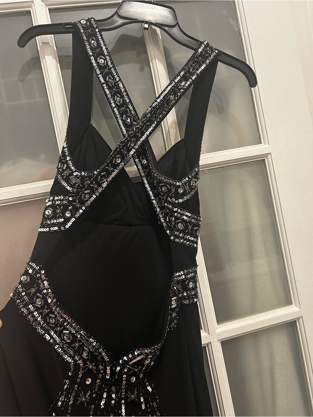 Hailey Logan By Adrianna Papell Black Beaded Fishtail Evening Gown Open Bk Sz7/8
